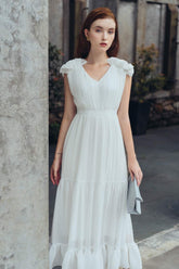 Pleated silk midi dress with ruffle hem and V-neckline for elegant formal occasions